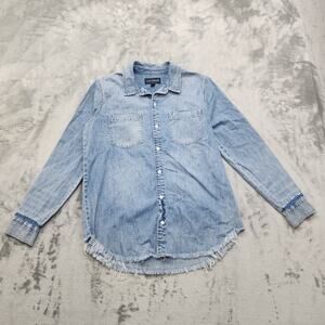 Lucky Brand Top Womens M Blue Denim Chambray Frayed Raw Hem Button Up Shirt